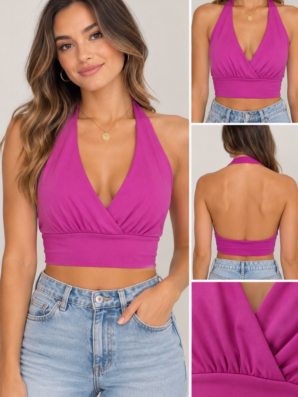 Women’s Halter Crop Top in Fuchsia - Stylish V-Neck Summer Tank~ NWT